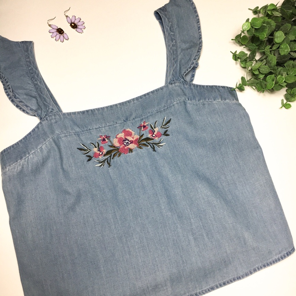 EXPRESS Denim Embroidered Floral Embellished Tank